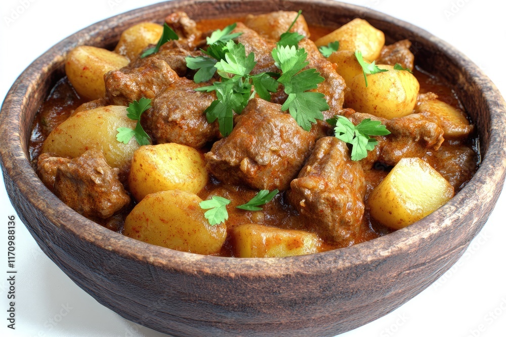 A bowl of beef stew with potatoes, garnished with fresh cilantro. A bowl of beef stew with potatoes, garnished with fresh cilantro.
