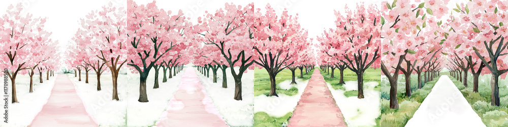 Enchanting Pink Cherry Blossom Pathway in Lush Spring Landscape Garden Setting Enchanting Pink Cherry Blossom Pathway in Lush Spring Landscape Garden Setting