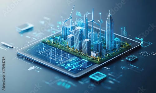 Smart city model on digital tablet.
