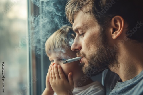 father smoking near child who covers nose from smoke, bad habits, passive smoking, world no tobacco day, no smoking day