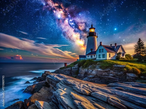 Majestic Pemaquid Point Lighthouse at Night, Dramatic Maine Coastline photo