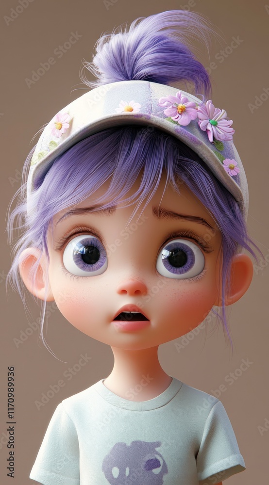 Adorable 3D-rendered girl with purple hair, wearing a floral visor, expressing surprise. Adorable 3D-rendered girl with purple hair, wearing a floral visor, expressing surprise.