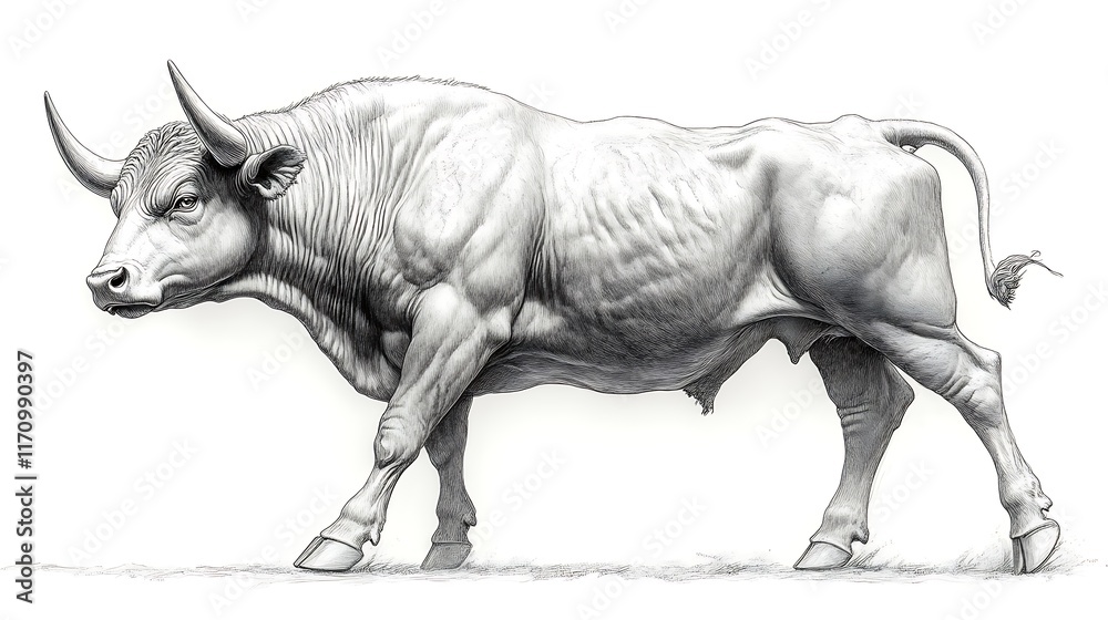 Powerful Bull Walking Majestically Across White Background