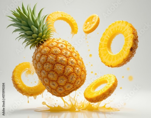 Fresh pineapple with slices splashing juice photo