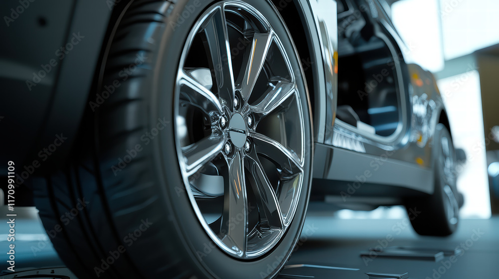close up view of shiny alloy wheel on modern electric car, showcasing its sleek design and intricate details. image captures elegance and innovation of automotive engineering