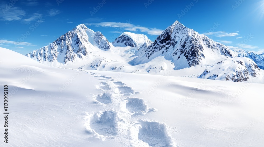 Obraz premium A snow covered mountain range with footprints in the snow
