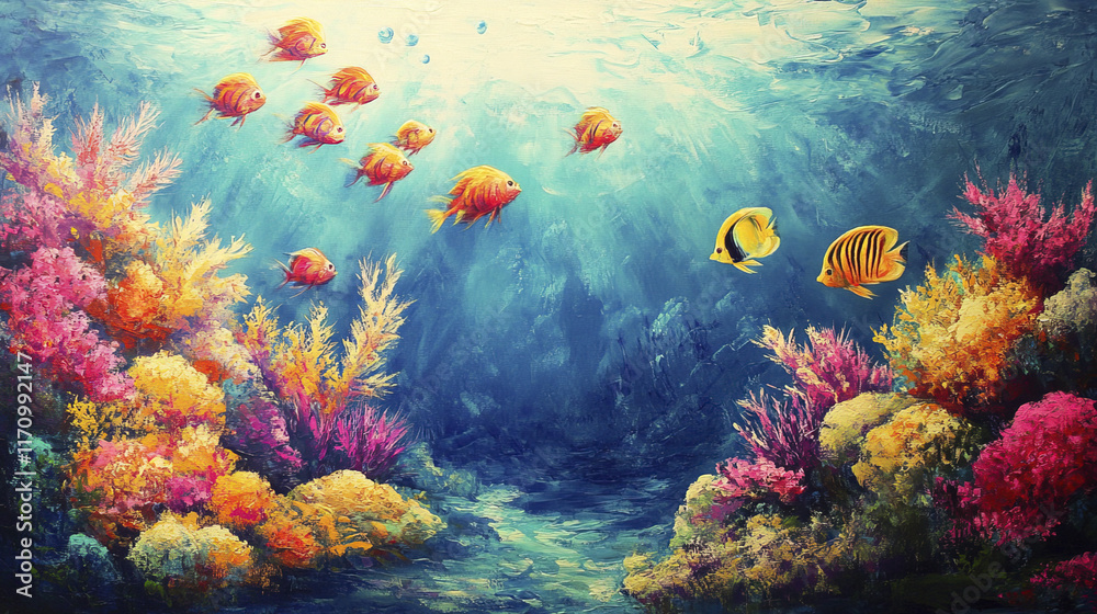 Naklejka premium Vibrant coral reef teeming with colorful tropical fish and marine life