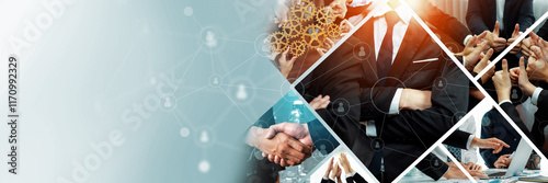 Teamwork and human resources HR management technology concept in corporate business with people group networking to support partnership, trust, teamwork and unity of coworkers in office kudos