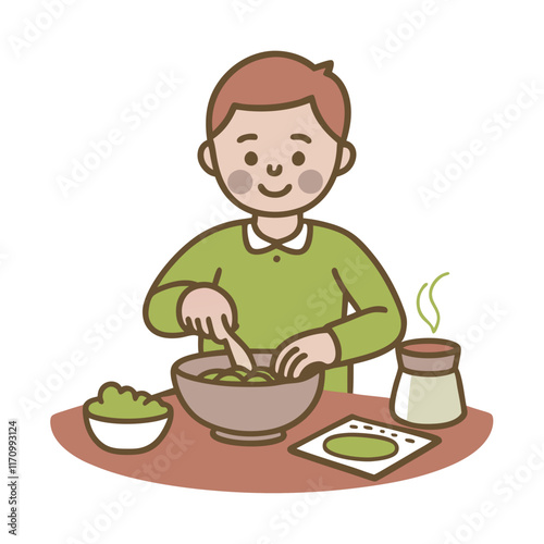 Happy boy preparing a salad in a cozy kitchen setting with a friendly illustration style