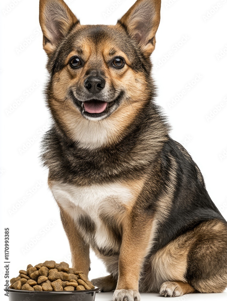 A happy dog sits beside a bowl of dog food, showcasing a joyful pet moment. A happy dog sits beside a bowl of dog food, showcasing a joyful pet moment.