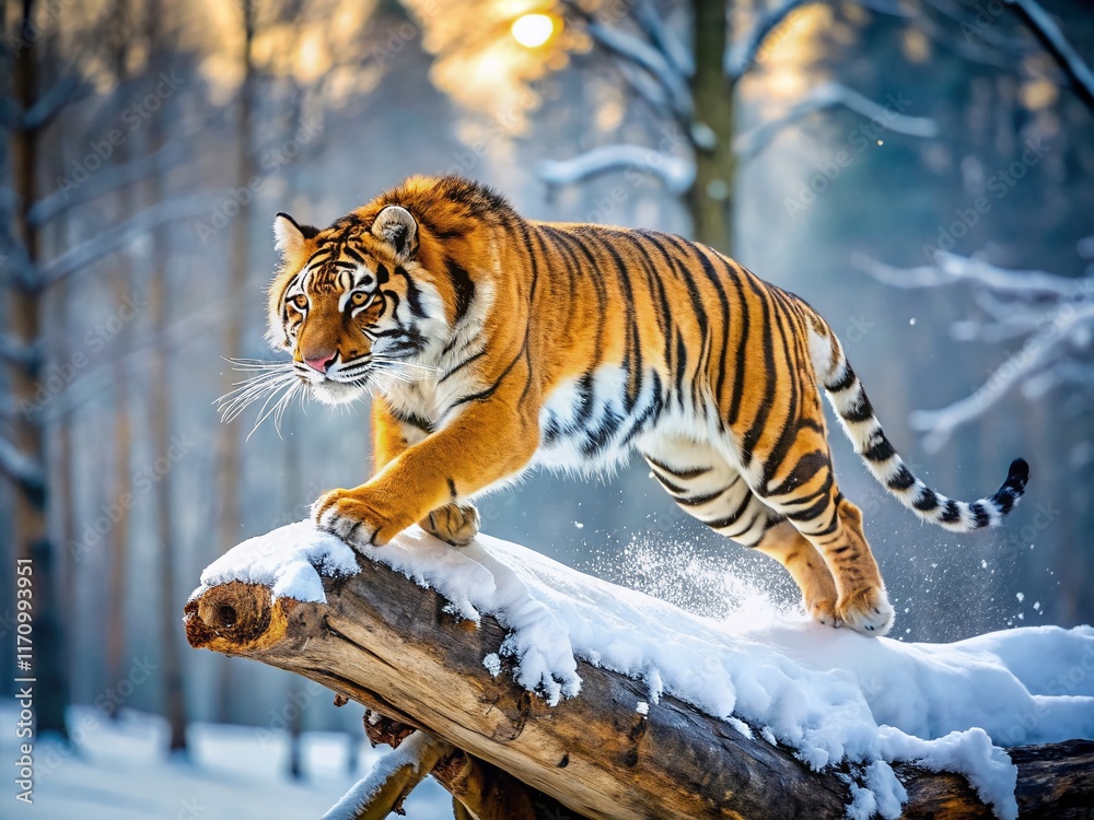 Obraz premium Majestic Tiger Leaps Over Snow-Covered Log in Winter Wonderland - Tilt-Shift Photography