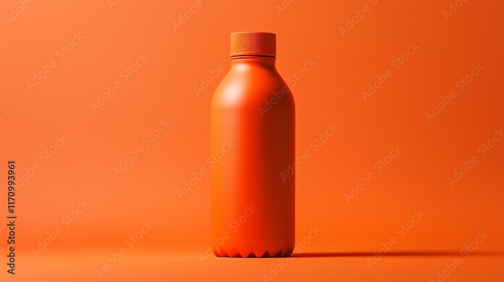 A sleek, bold orange water bottle positioned centrally against a solid orange background. The design is minimalist with high detail, showcasing the bottlea??s smooth curves and reflections.