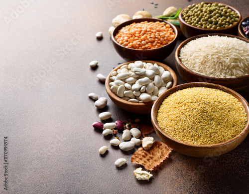 Different type of raw dry legumes composition. photo