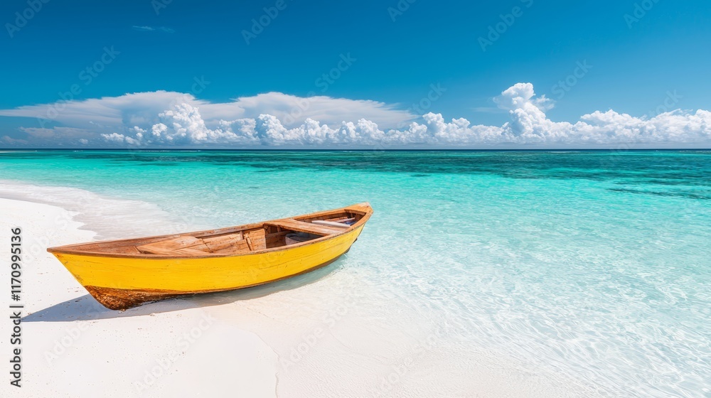 A yellow boat sitting on top of a sandy beach next to the ocean A yellow boat sitting on top of a sandy beach next to the ocean