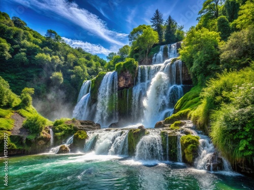 A scenic mountain landscape showcases a breathtaking waterfall, vibrant foliage, and a crystal river.