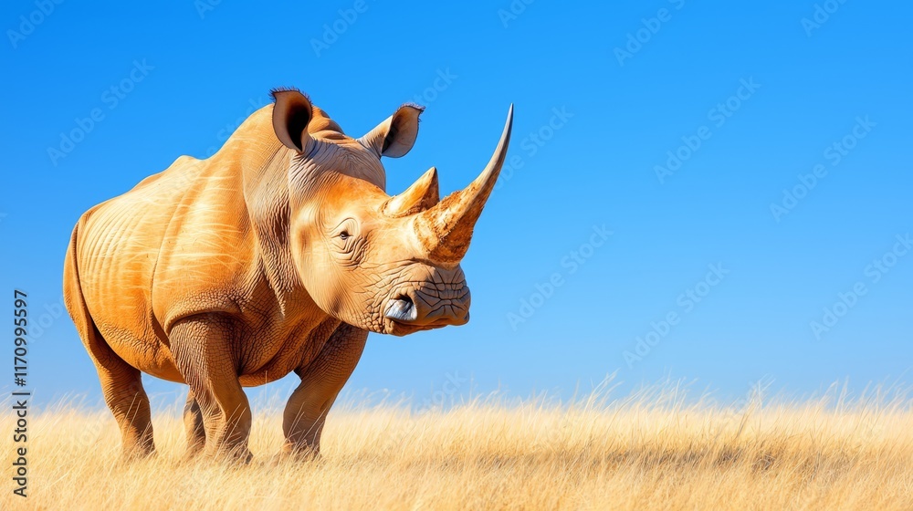Fototapeta premium A rhino standing in a grassy field with a blue sky in the background