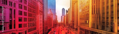 Vibrant city street scene at sunset, showcasing towering buildings in warm and cool tones.