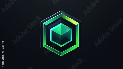 A sleek, modern game badge with a symmetrical hexagon in vibrant teal and bright green, set against a solid black background. The vector clarity and high brightness enhance the design's impact.