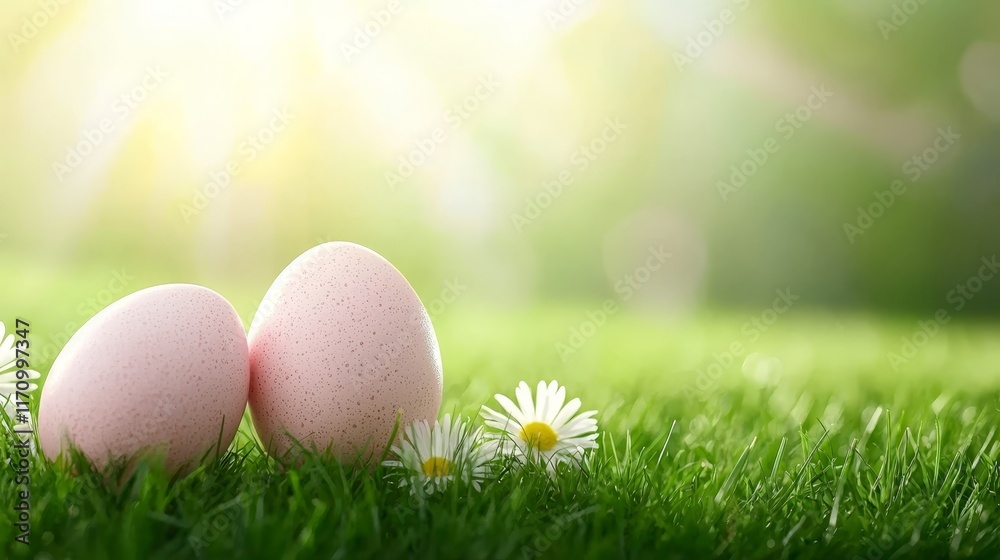 Fototapeta premium Two pink eggs sitting in the grass with daisies in the background