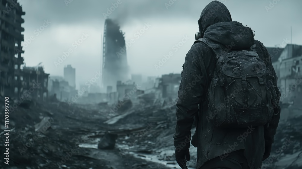 Fototapeta premium Ruined cityscape reveals desolation as survivor explores aftermath of disaster during gloomy weather