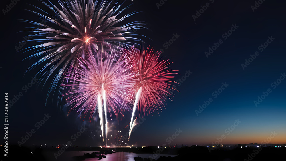 A vibrant and dynamic image of fireworks lighting up the night sky A vibrant and dynamic image of fireworks lighting up the night sky