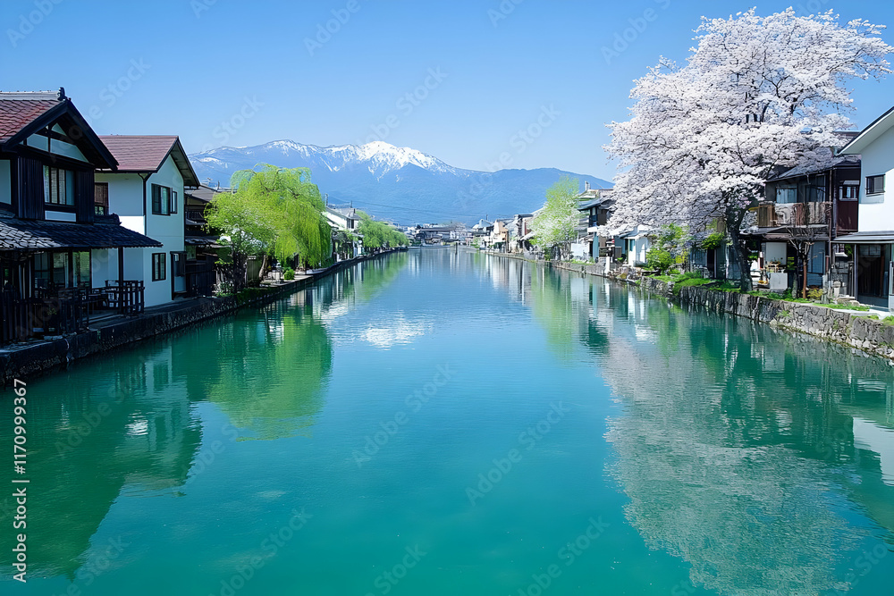 Fototapeta premium Scenic Canal, Mountain View, Spring Blossoms