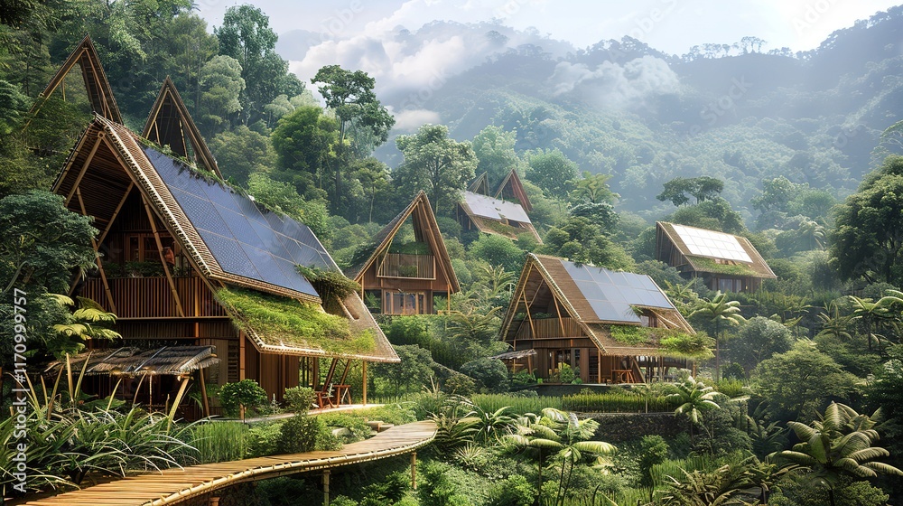 Eco-tourism village with solar energy systems powering eco-friendly accommodation, creating a sustainable, low-impact vacation experience. Eco-tourism village with solar energy systems powering eco-friendly accommodation, creating a sustainable, low-impact vacation experience.
