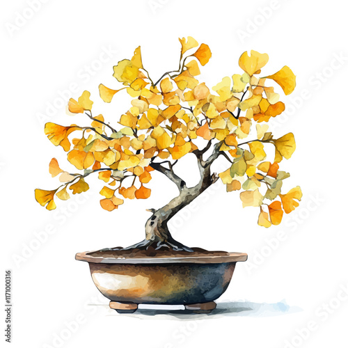 A watercolor vector painting of a Ginkgo Bonsai, isolated on a white background. Ginkgo Bonsai vector.

