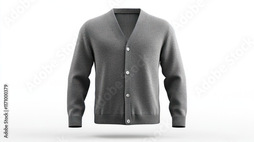 Gray v-neck cardigan sweater on white background.