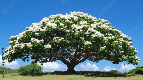 Botanical wonder: a blooming white ipe tree with lush, vibrant flowers against a serene, clear blue sky.