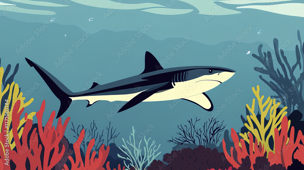 Obraz premium powerful reef shark gliding gracefully through vibrant coral reefs