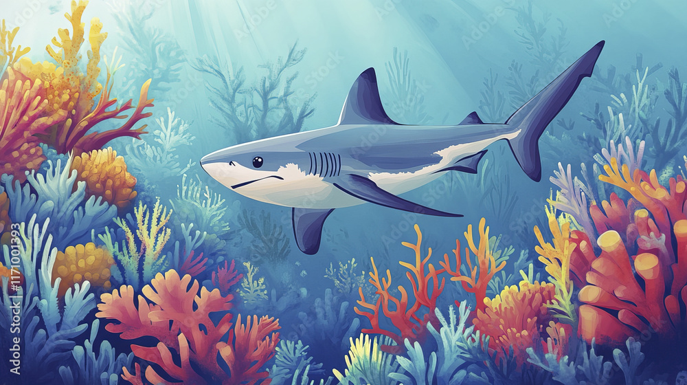 Obraz premium reef shark swims gracefully among vibrant coral reefs in clear water