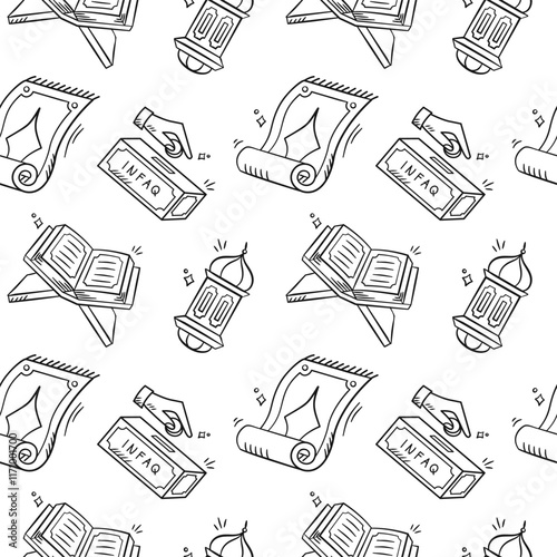Ramadan prayer doodle seamless pattern. Islamic ritual hand drawn illustration background containing quran, charity, prayer mat, lantern.