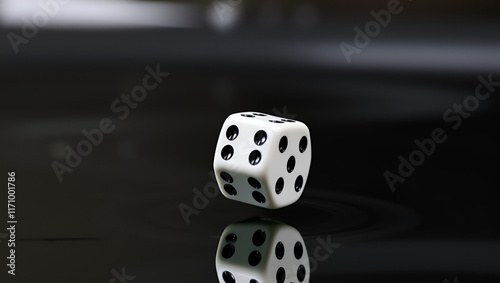 A single large die falls onto the glossy glass surface and rolls around it, dice falling, glass textures photo