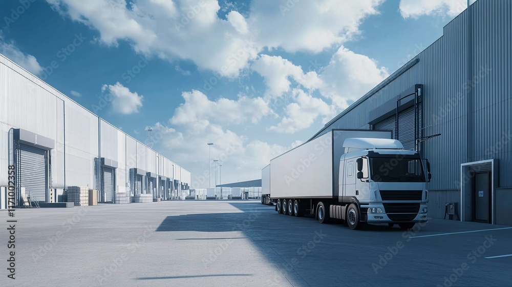 Logistics company trucks neatly parked in a designated industrial parking area, awaiting delivery assignments. Suitable for marketing or business purposes. Panoramic banner with place for text Logistics company trucks neatly parked in a designated industrial parking area, awaiting delivery assignments. Suitable for marketing or business purposes. Panoramic banner with place for text