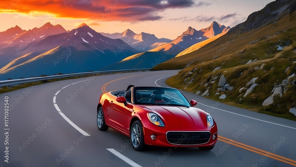 Naklejka premium Red convertible cruises scenic mountain road at sunset. Breathtaking views, thrilling drive!