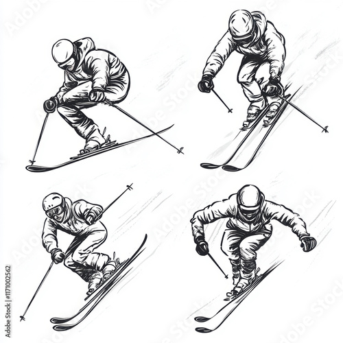 Silhouette of a free style skier over white background. photo