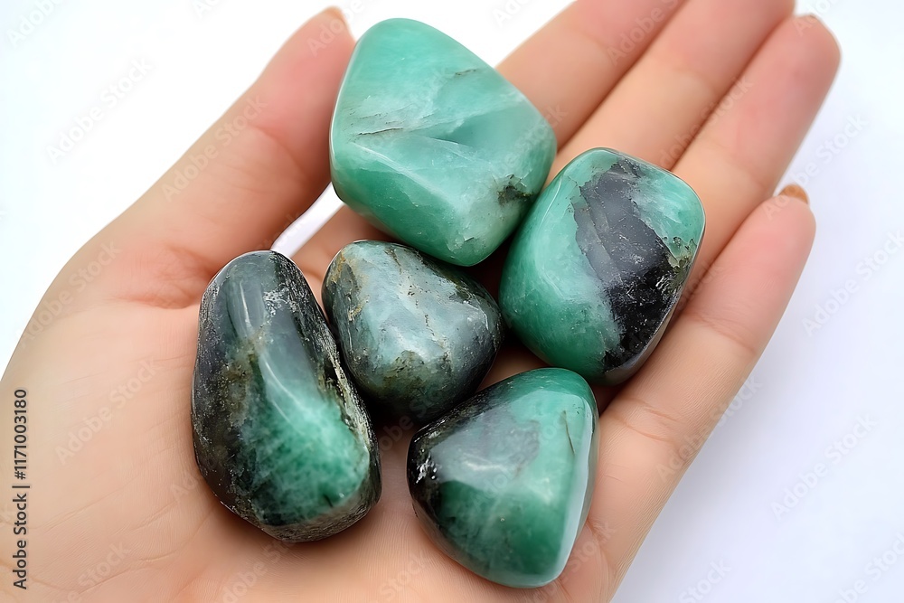 Hand holding a bowl with green jade stones Hand holding a bowl with green jade stones