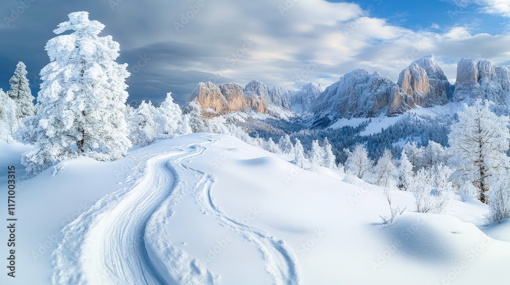 A serene winter landscape with snow-covered trees and mountains under a cloudy sky. A serene winter landscape with snow-covered trees and mountains under a cloudy sky.