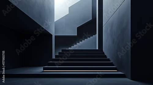 Abstract dark walls and geometric steps in an architectural setting, highlighted by subtle, diffused lighting. The modern, minimalistic design features clean lines and high contrast.