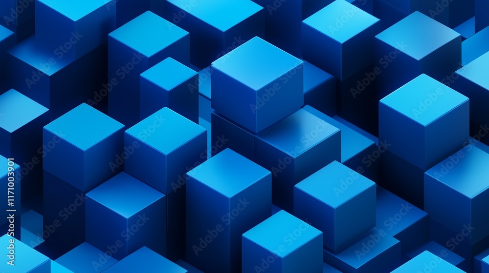Abstract illustration of blue 3D cubes in a minimalist isometric perspective, with varying shades of blue to create depth and interest. The HD image highlights the geometric precision. Abstract illustration of blue 3D cubes in a minimalist isometric perspective, with varying shades of blue to create depth and interest. The HD image highlights the geometric precision.