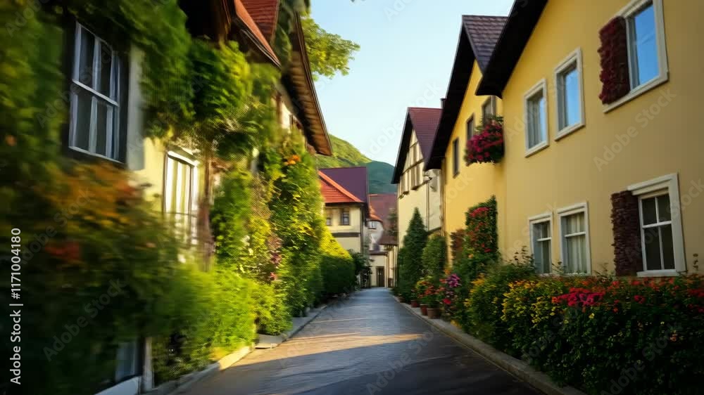 Charming street lined with colorful houses and green foliage in a sunny neighborhood Charming street lined with colorful houses and green foliage in a sunny neighborhood