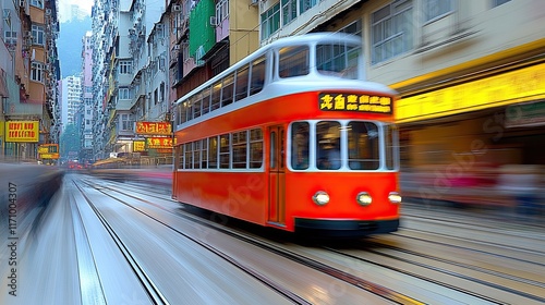 A red and white tram speeds through the narrow streets of a bustling city, blurring the background.