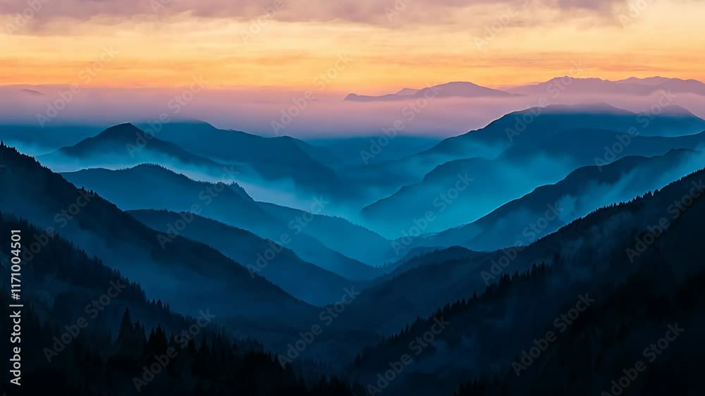 Vast mountain landscape under a vibrant sunset with misty valleys and silhouettes of distant peaks Vast mountain landscape under a vibrant sunset with misty valleys and silhouettes of distant peaks