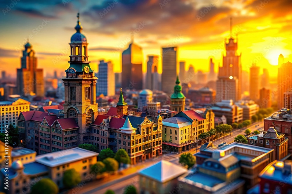Obraz premium Miniature Cityscape: Tilt-Shift Photography of Urban Architecture at Sunset