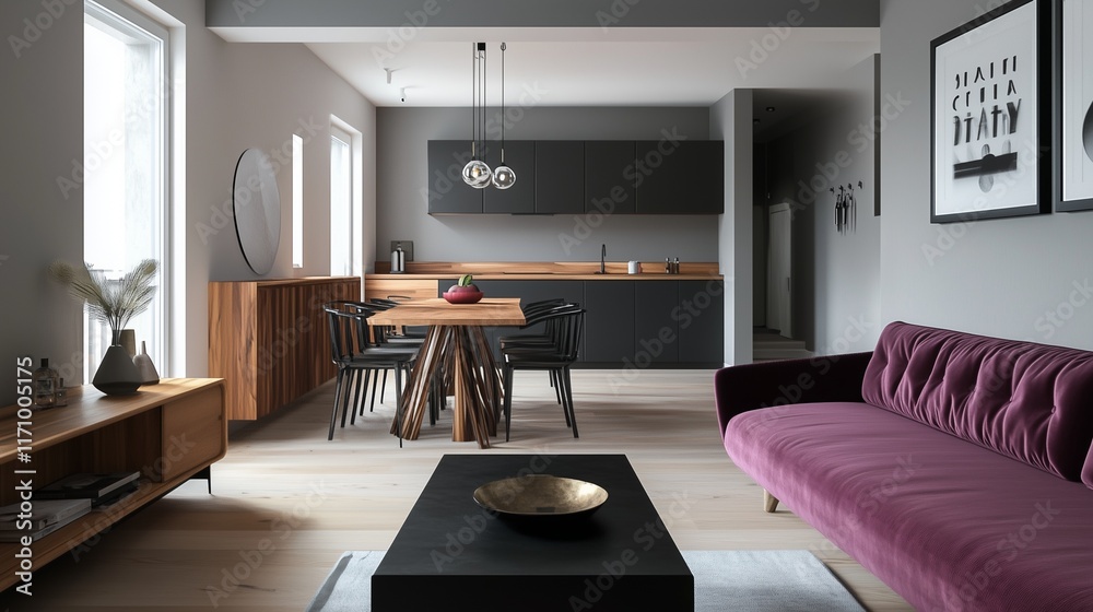 Fototapeta premium A modern Scandinavian loft with light gray walls, a magenta velvet sofa, and a sleek black coffee table. 
