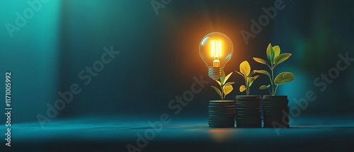 Small plants growing on coin stack with a lightbulb glowing above, symbolizing the fusion of energy, money, and environmental growth, sustainable financial future photo