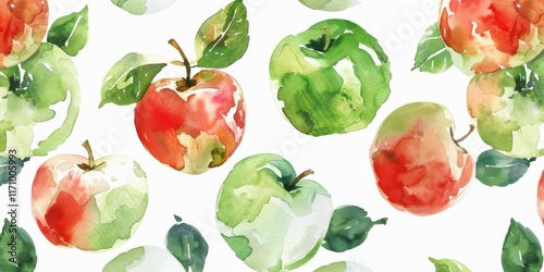 A vibrant watercolor pattern featuring red and green apples with leaves.