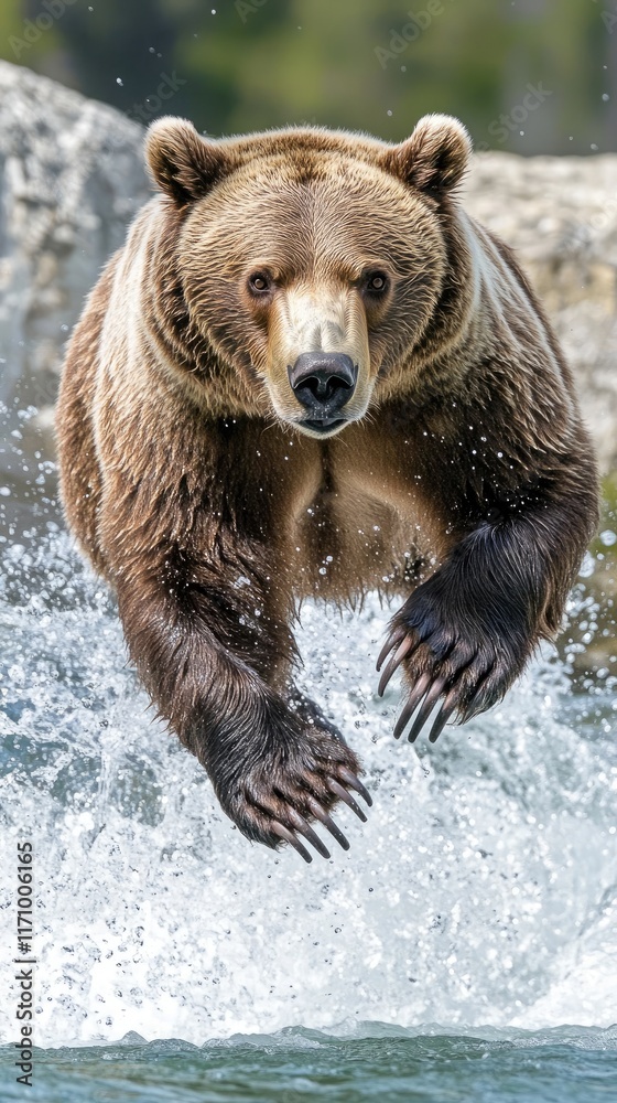 Obraz premium A bear leaps through water, showcasing its strength and agility in a natural setting.