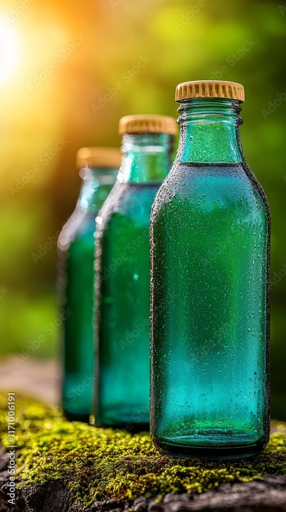 Three green glass bottles sitting on top of a moss covered rock Three green glass bottles sitting on top of a moss covered rock